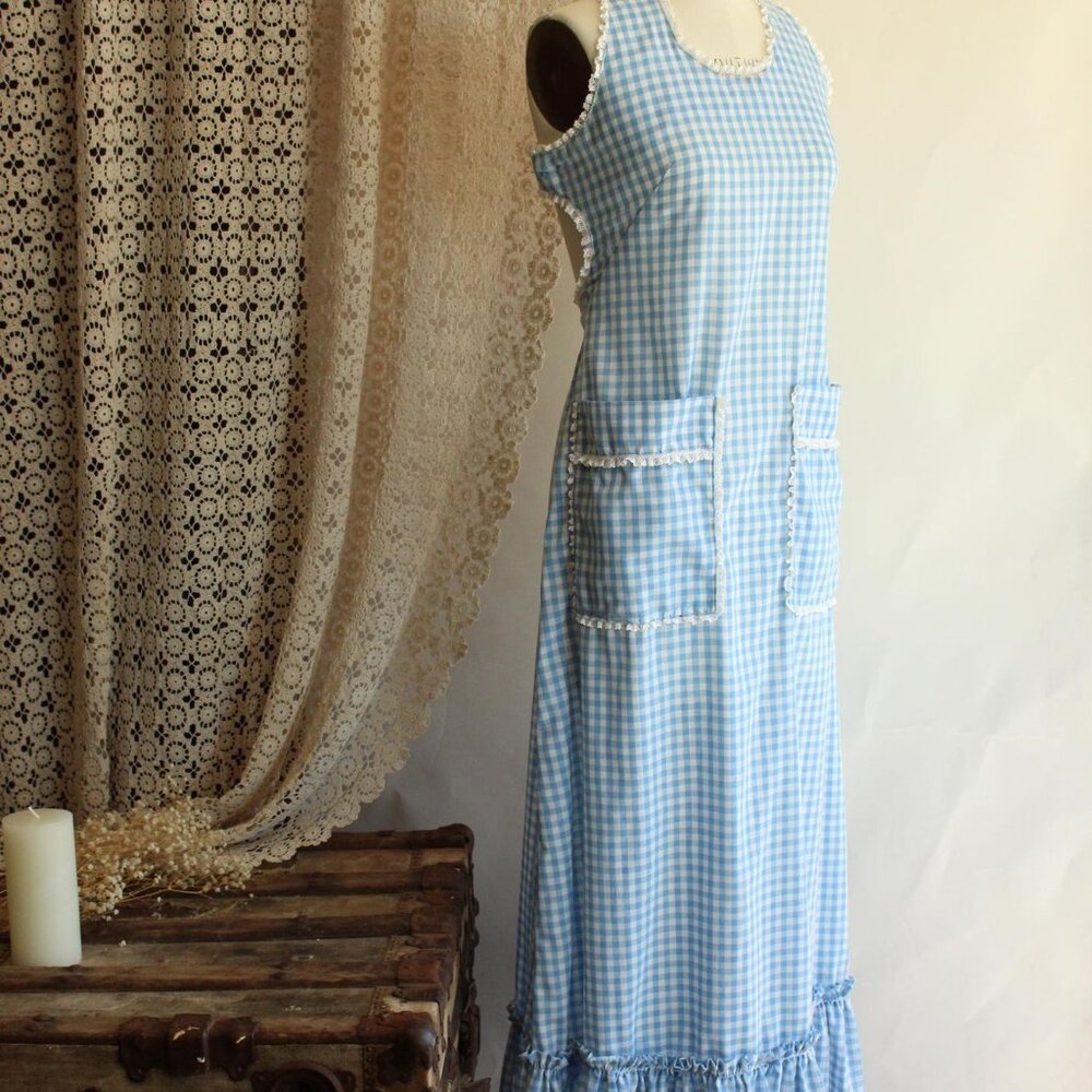 Vintage 1970s Dress with Pockets, Blue Gingham Prairie Maxidress Pinafore - Picture 5 of 10